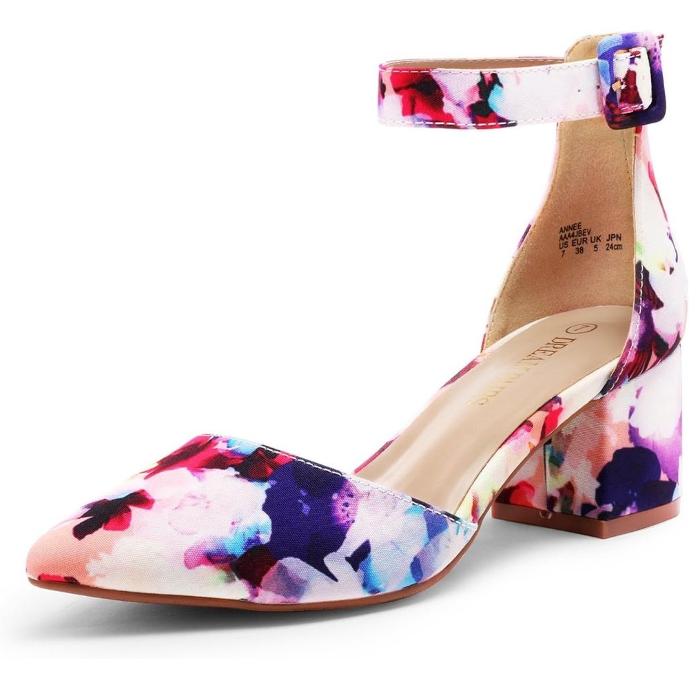 Pointed Toe Low Chunky Block Heels Pump  Floral comfort  Shoes Adjustable Buckle